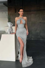Halter Mermaid Long Prom Dress with Sequins and Split