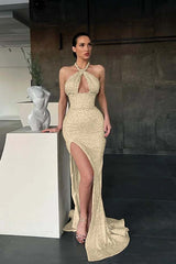 Halter Mermaid Long Prom Dress with Sequins and Split