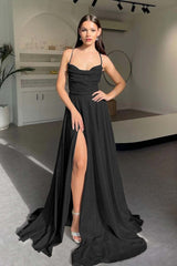 Halter Long Pleated Prom Dress with Sequins and Split