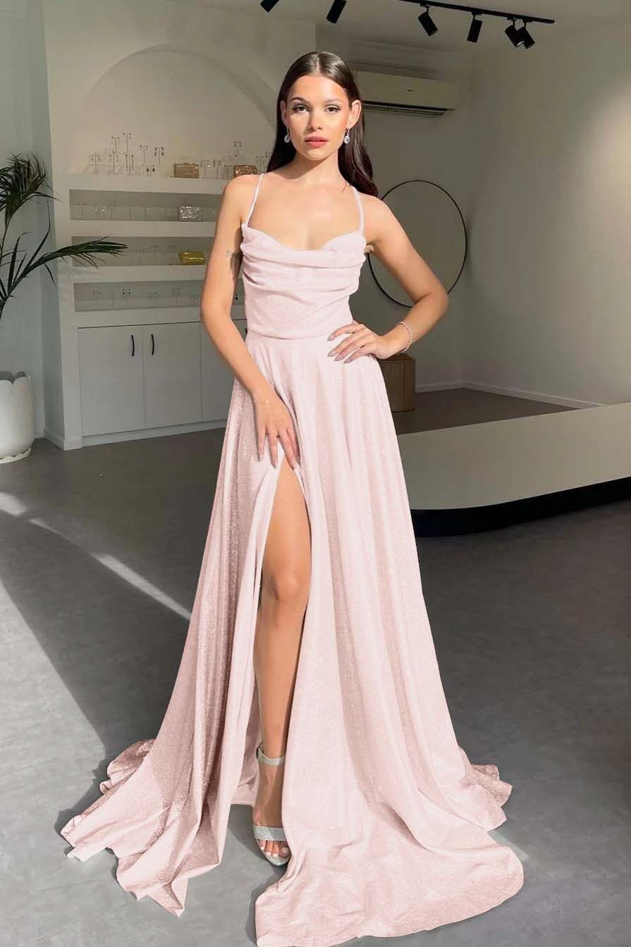 Halter Long Pleated Prom Dress with Sequins and Split