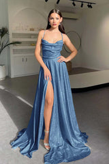 Halter Long Pleated Prom Dress with Sequins and Split