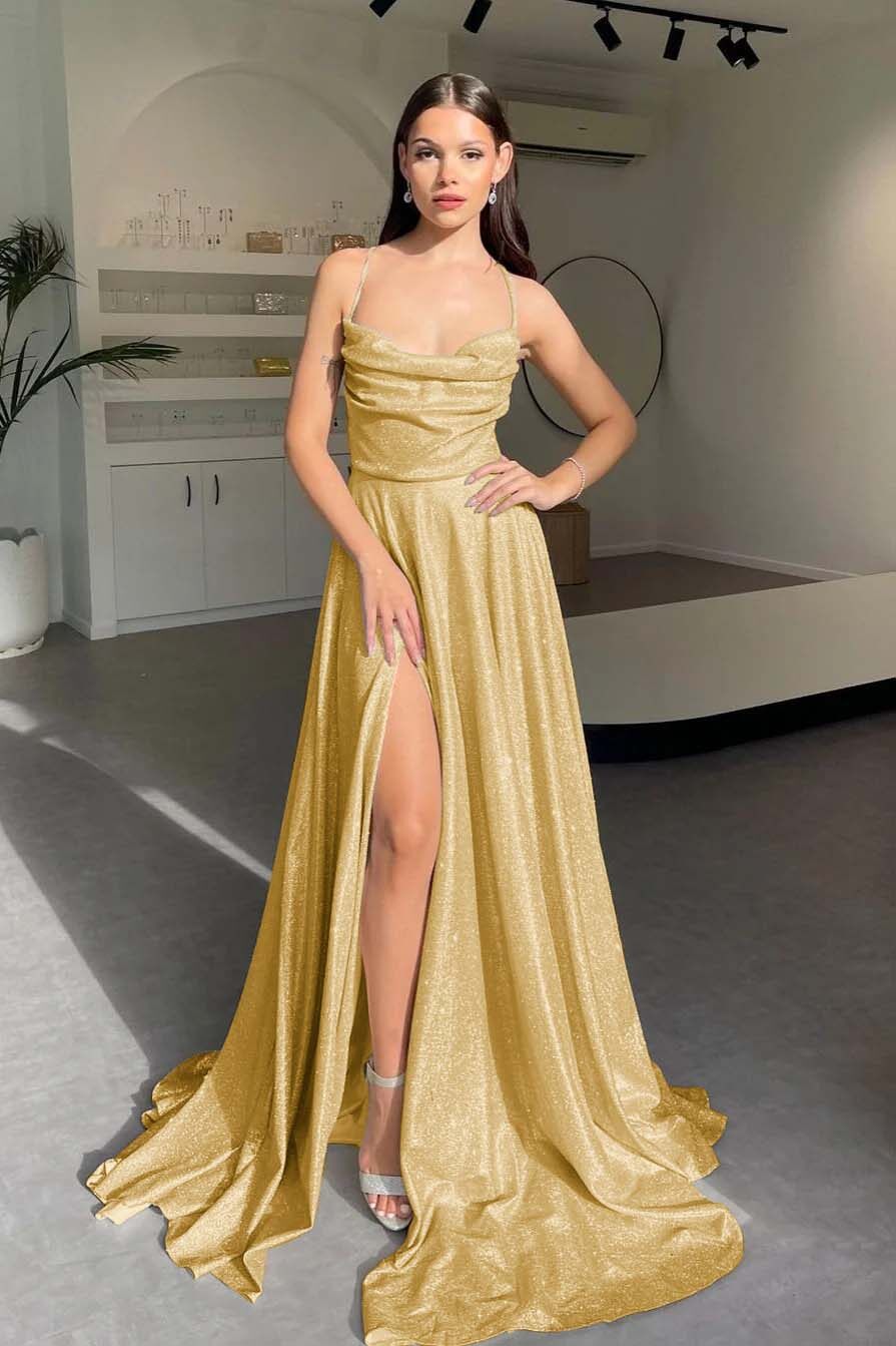 Halter Long Pleated Prom Dress with Sequins and Split