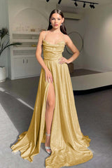 Halter Long Pleated Prom Dress with Sequins and Split