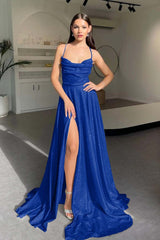 Halter Long Pleated Prom Dress with Sequins and Split