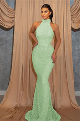 Halter Sleeveless Mermaid Evening Dress with Sequin Belt Online