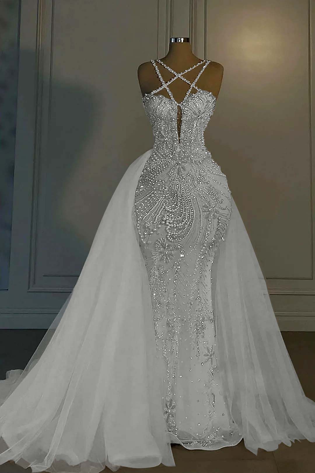 Halter Mermaid Long Prom Dress with Beading Tulle