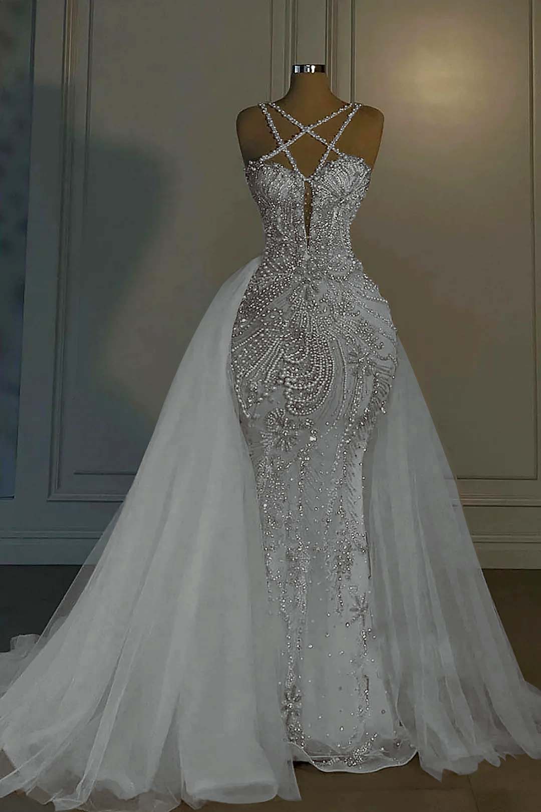 Halter Mermaid Long Prom Dress with Beading Tulle