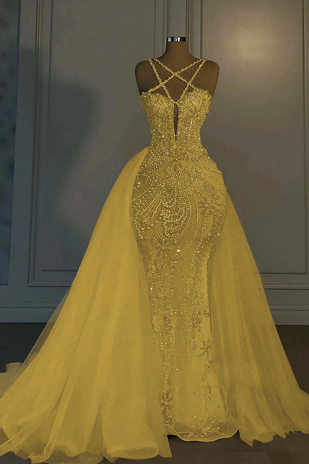 Halter Mermaid Long Prom Dress with Beading Tulle