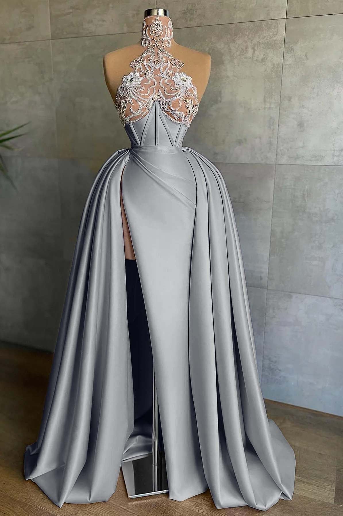 Halter Mermaid Long Prom Dress with Split and Appliques