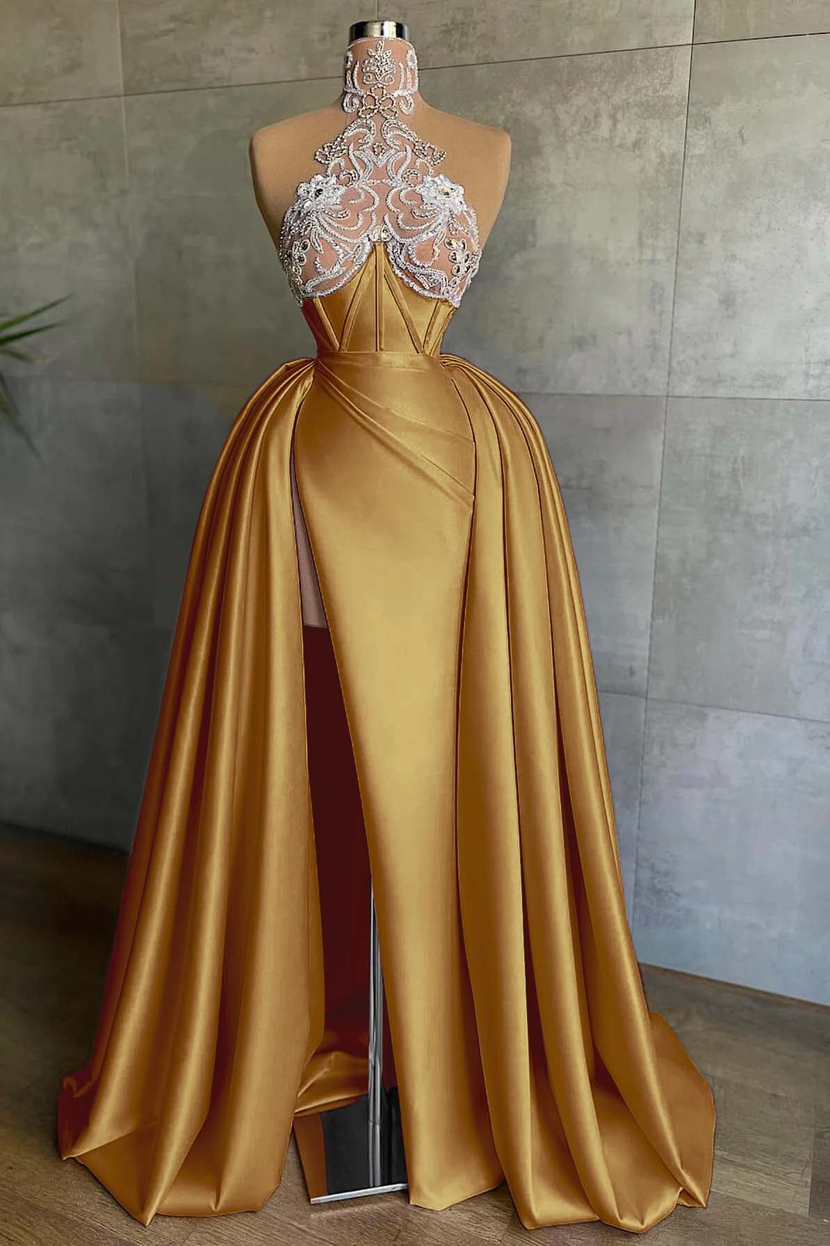 Halter Mermaid Long Prom Dress with Split and Appliques