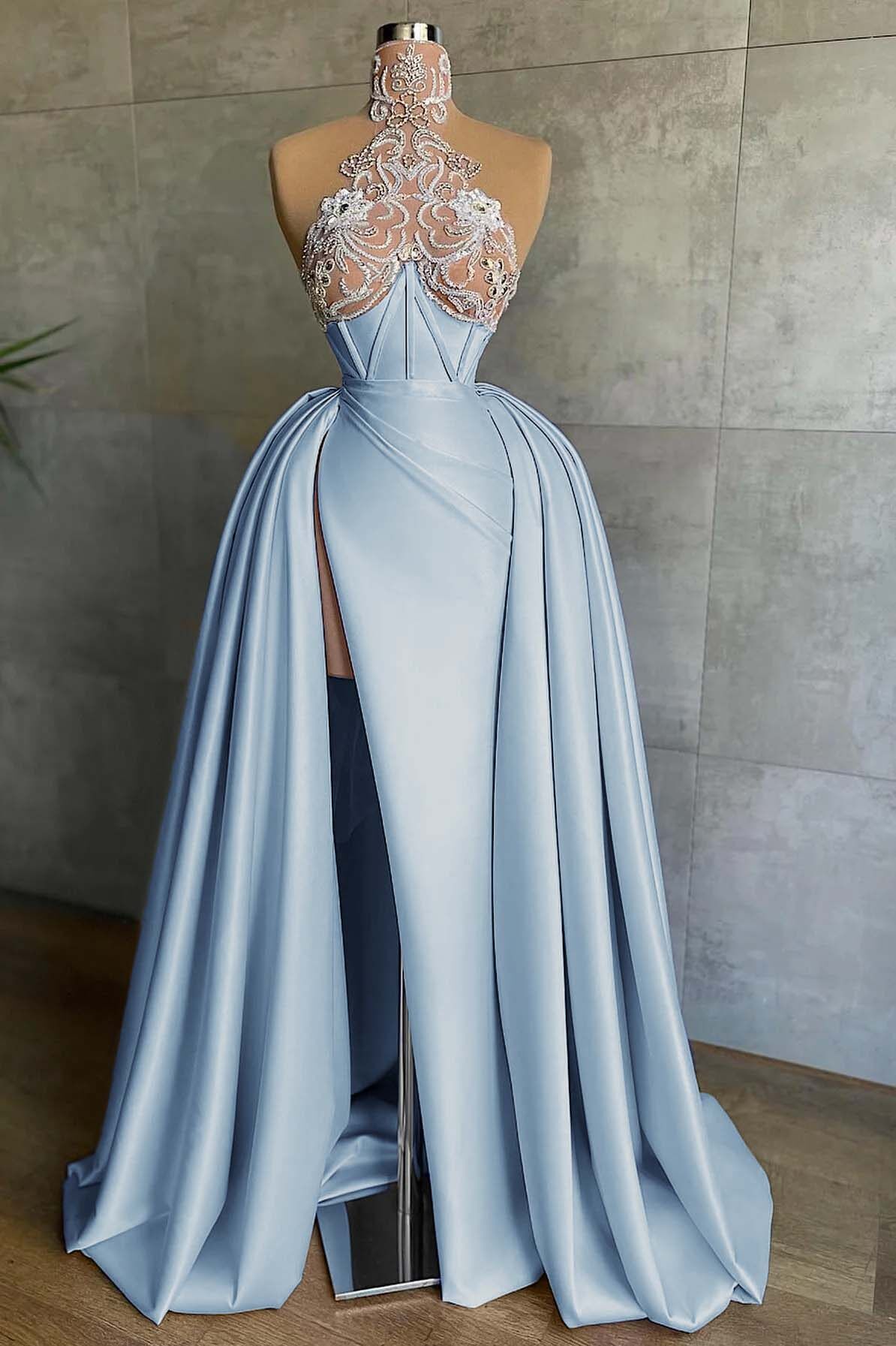Halter Mermaid Long Prom Dress with Split and Appliques