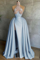 Halter Mermaid Long Prom Dress with Split and Appliques