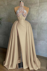 Halter Mermaid Long Prom Dress with Split and Appliques