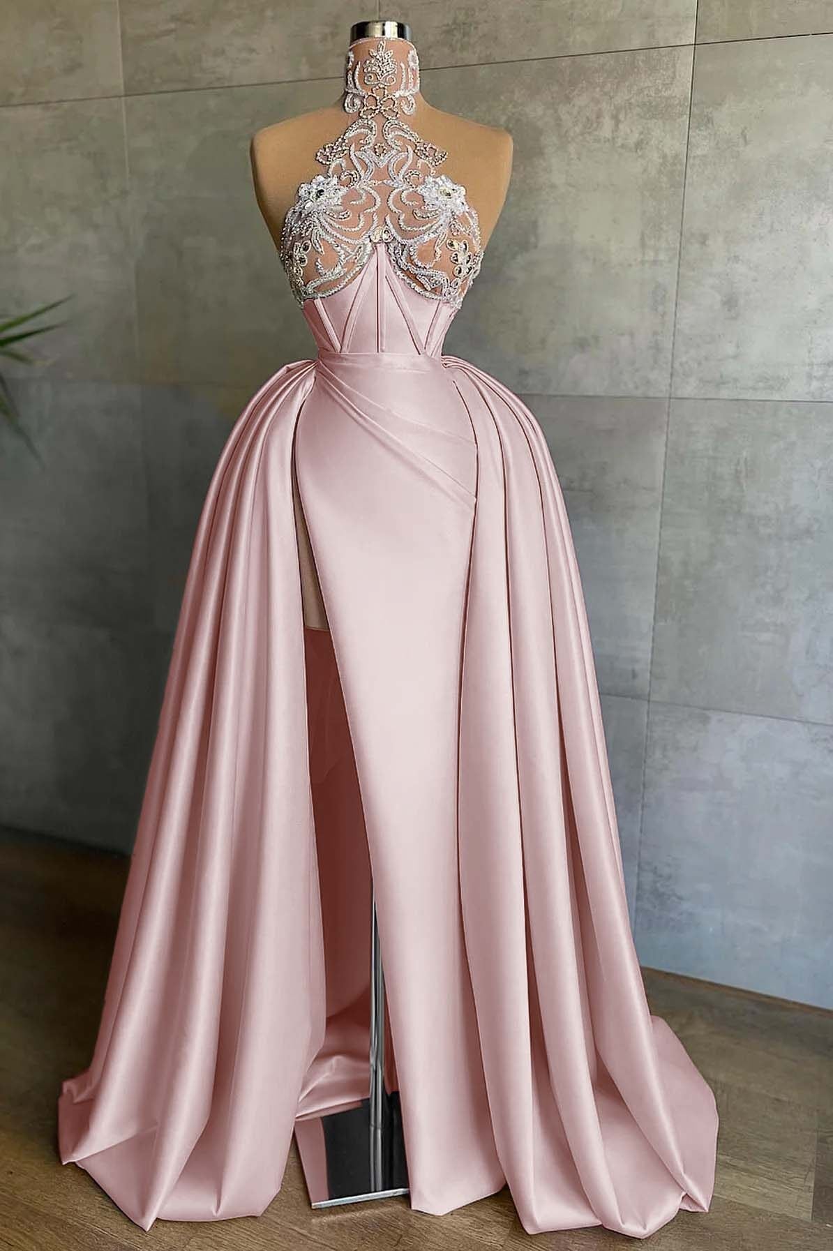 Halter Mermaid Long Prom Dress with Split and Appliques