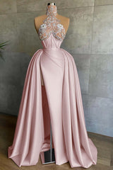 Halter Mermaid Long Prom Dress with Split and Appliques