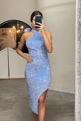 Elegant Halter Sequins Short Prom Dress with Side Split