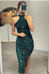 Elegant Halter Sequins Short Prom Dress with Side Split