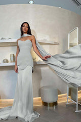 Halter Strapless Mermaid Long Pleated Prom Dress
