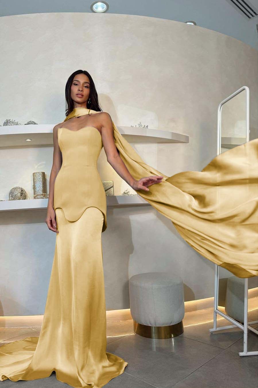 Halter Strapless Mermaid Long Pleated Prom Dress