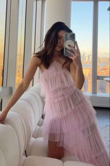 Halter Straps Spas Blue Layered Maxi Dress with Slit