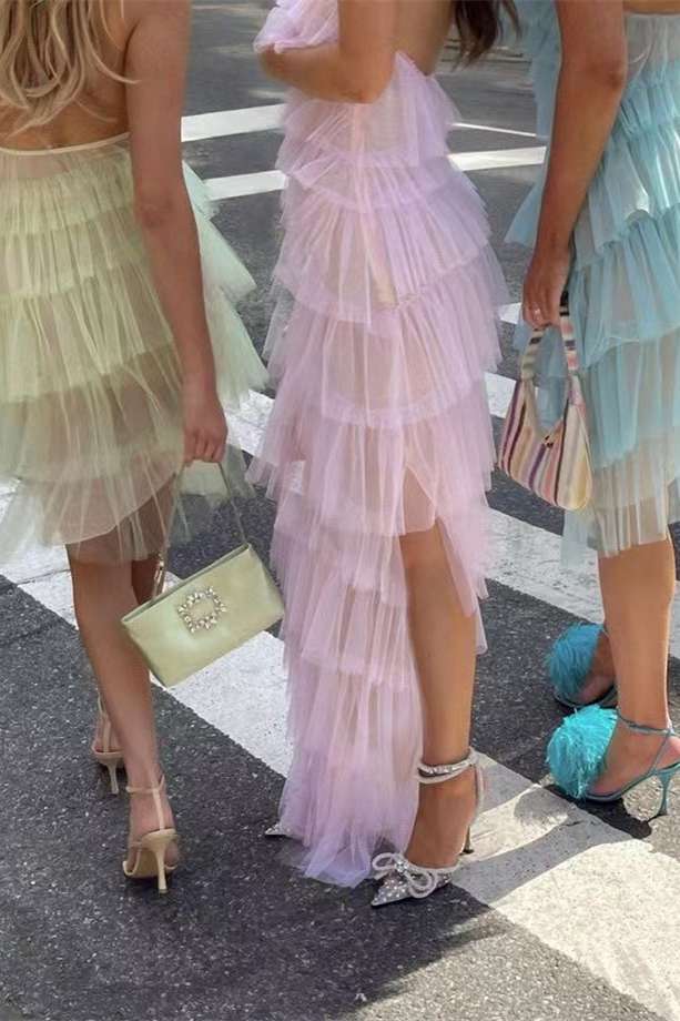 Halter Straps Spas Blue Layered Maxi Dress with Slit