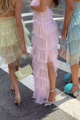 Halter Straps Spas Blue Layered Maxi Dress with Slit