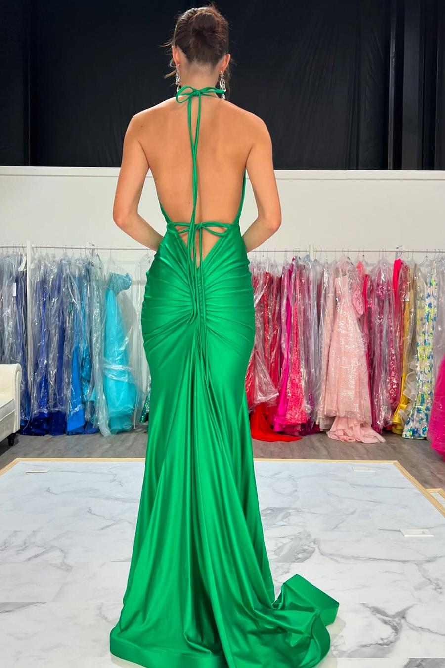 Halter V Neck Backless Mermaid Long Pleated Prom Dress