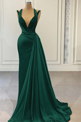 Halter V Neck Long Pleated Prom Dress with Beading