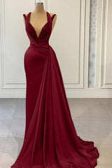 Halter V Neck Long Pleated Prom Dress with Beading