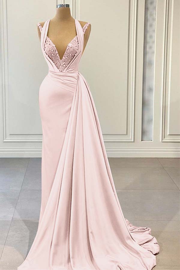 Halter V Neck Long Pleated Prom Dress with Beading