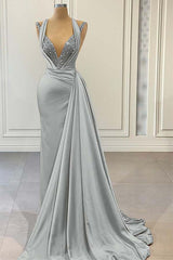 Halter V Neck Long Pleated Prom Dress with Beading