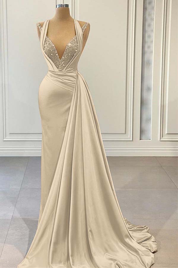 Halter V Neck Long Pleated Prom Dress with Beading