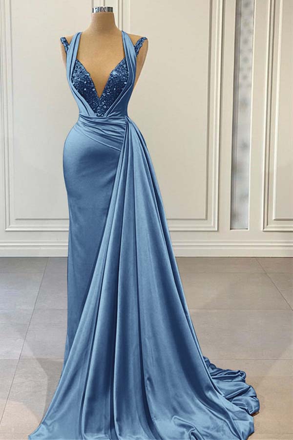 Halter V Neck Long Pleated Prom Dress with Beading