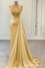 Halter V Neck Long Pleated Prom Dress with Beading