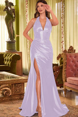 Halter V Neck Mermaid Long Pleated Prom Dress with Split