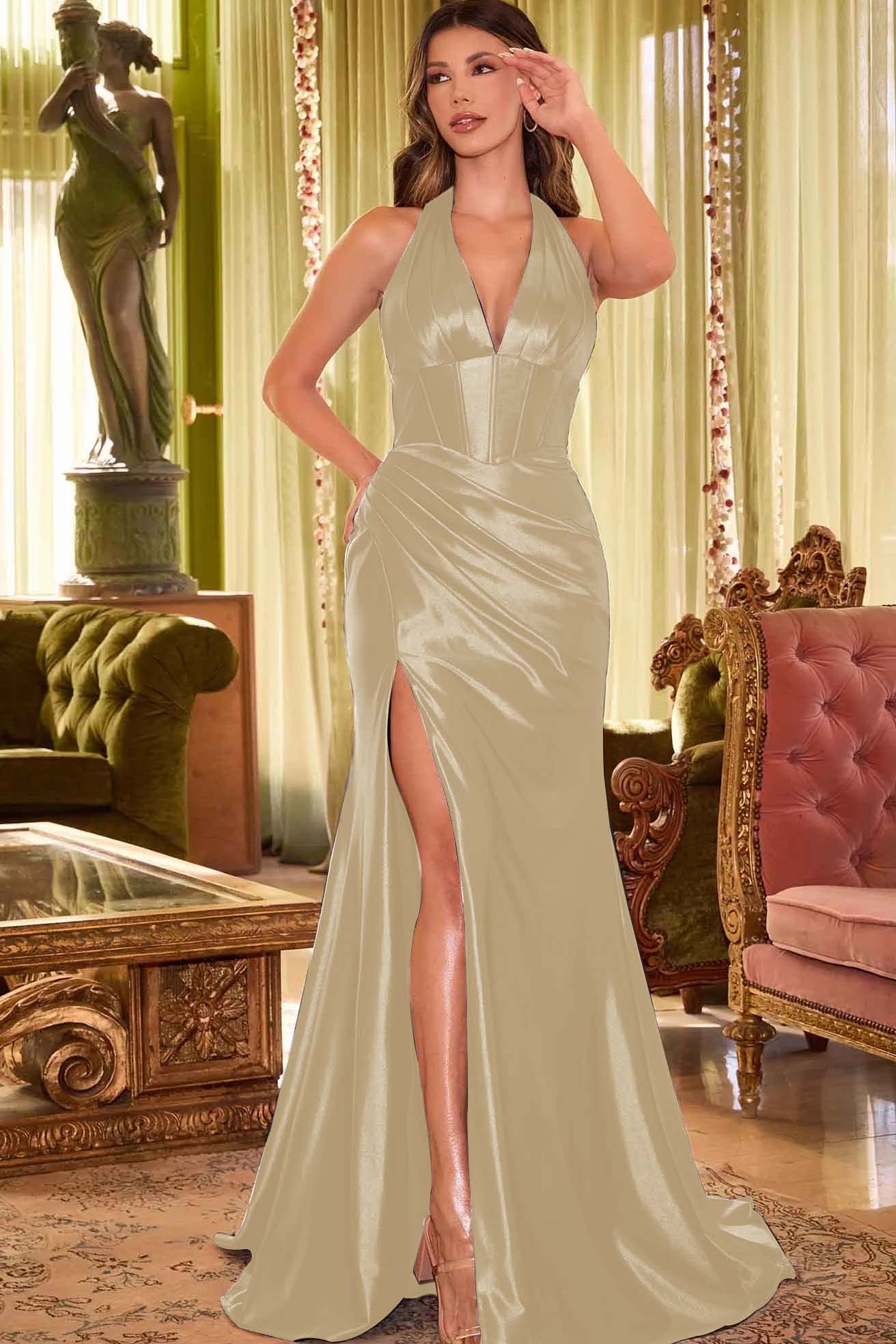 Halter V Neck Mermaid Long Pleated Prom Dress with Split