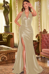 Halter V Neck Mermaid Long Pleated Prom Dress with Split