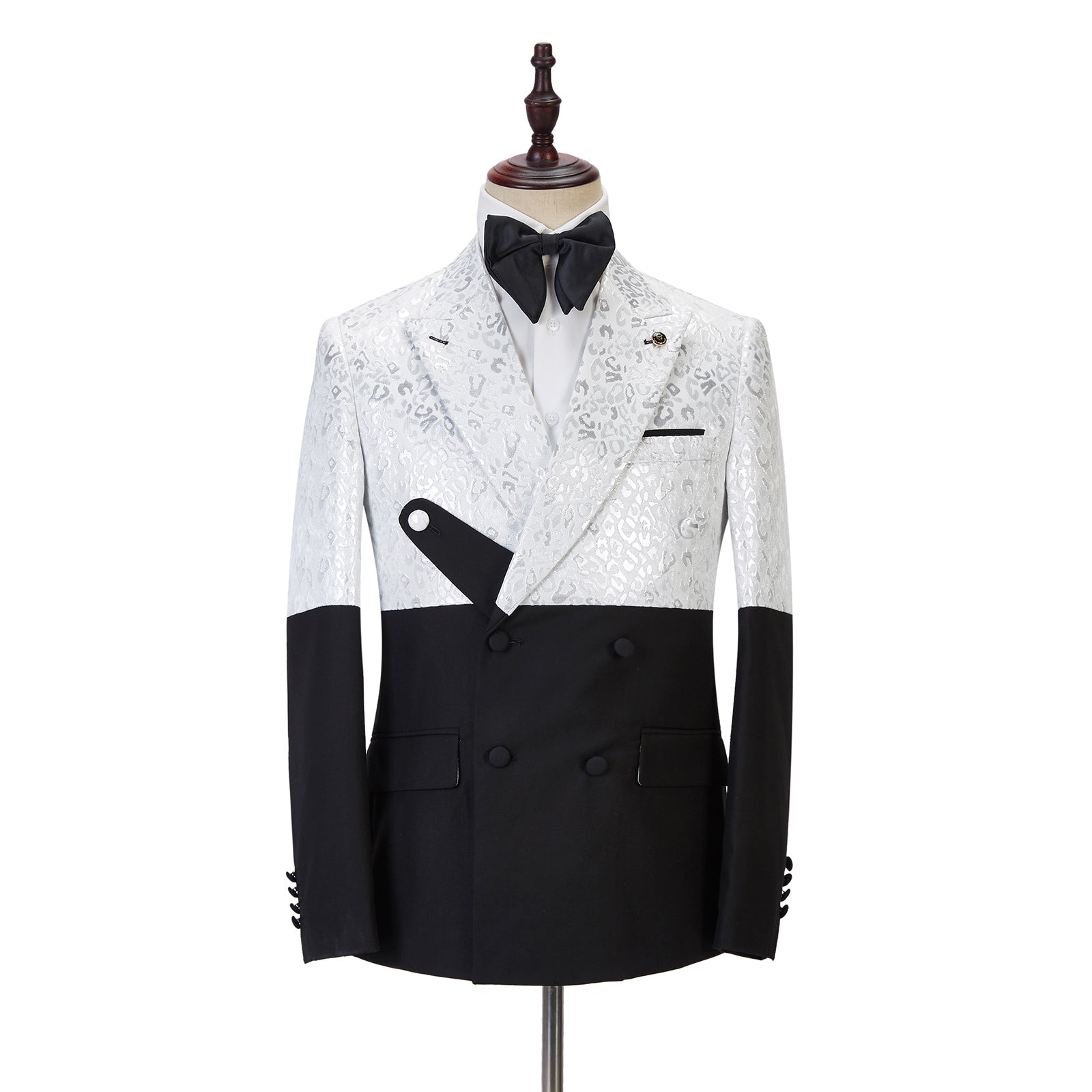 Handsome Black and White Jacquard Marriage Blazer Suit with Peaked Lapel