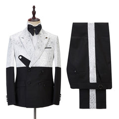 Handsome Black and White Jacquard Marriage Blazer Suit with Peaked Lapel