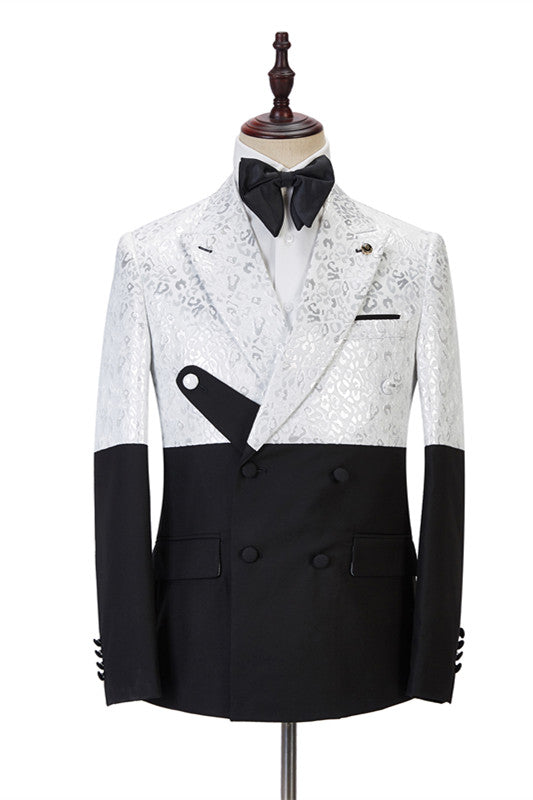 Handsome Black and White Jacquard Marriage Blazer Suit with Peaked Lapel
