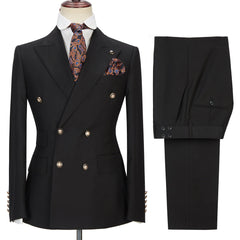 Handsome Black Double-Breasted Wedding Suit with Peak Lapel for Groom