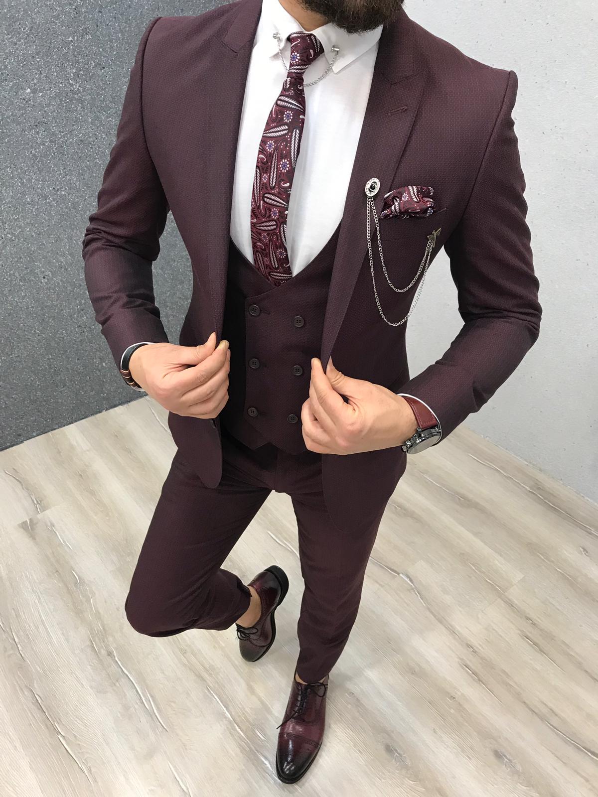 Handsome Burgundy Reception Suit with Peaked Lapel and Three Pieces