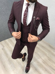 Handsome Burgundy Reception Suit with Peaked Lapel and Three Pieces