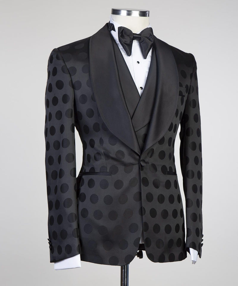 Handsome Formal Prom Suit with Black Pattern, Three Pieces and Shawl Lapel