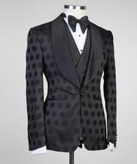 Handsome Formal Prom Suit with Black Pattern, Three Pieces and Shawl Lapel