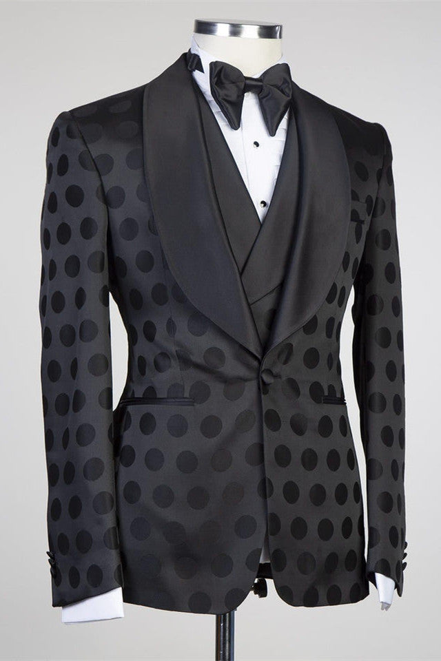 Handsome Formal Prom Suit with Black Pattern, Three Pieces and Shawl Lapel