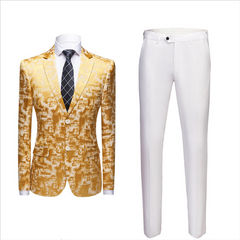 Handsome Printed Western Wedding Suit with Bright Gold Notched Lapel