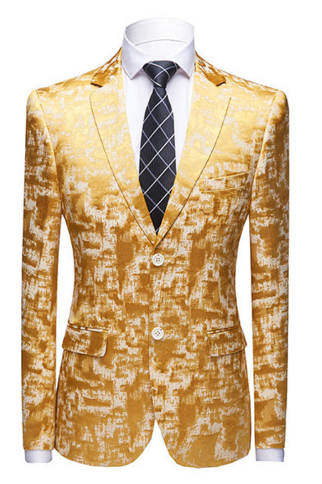 Handsome Printed Western Wedding Suit with Bright Gold Notched Lapel