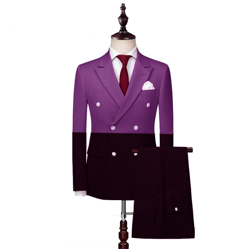 Handsome Purple and Black Double-Breasted Marriage Suit with Peaked Lapel