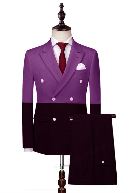 Handsome Purple and Black Double-Breasted Marriage Suit with Peaked Lapel